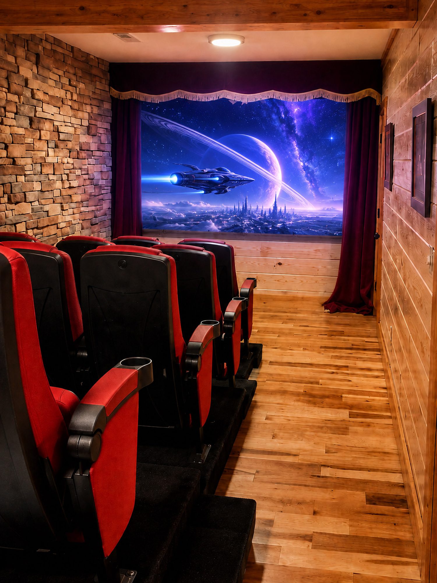 Lights dim, curtains glow and the big screen comes alive. Sink into plush red recliners for your family's own private movie premiere.