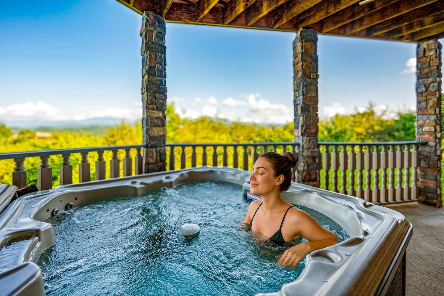 Sink in, exhale and gaze across the Smokies. A warm soak with a view like this melts every worry away.