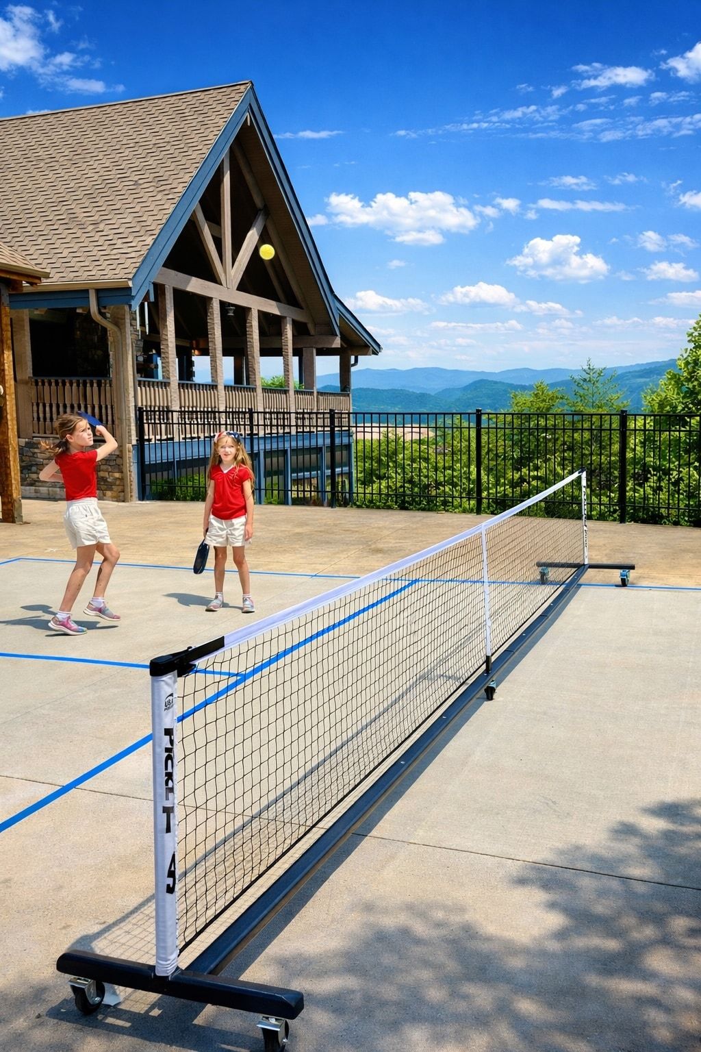Serve, volley, laugh! The private pickleball court has mountains behind it, so friendly rivalries come with a view.