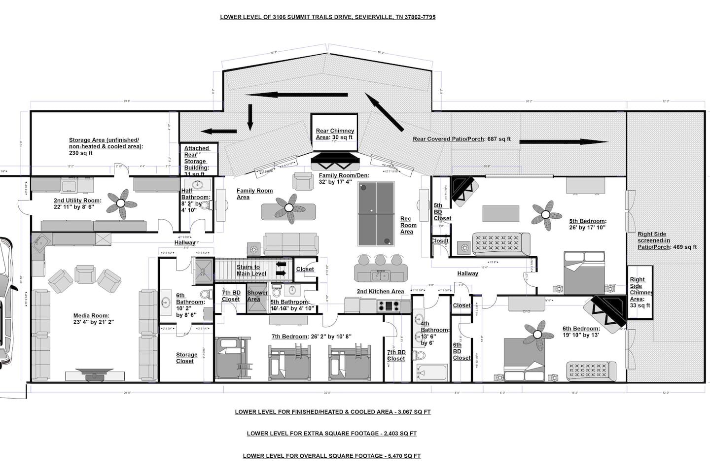 Lower level floor plan: see how bedrooms, game space and gathering areas fit together, so everyone can find a favorite corner.