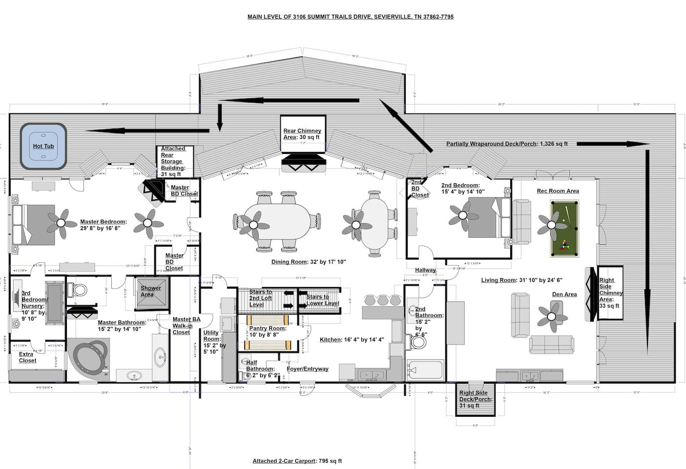 Main level floor plan: the grand living room, dining space, kitchen and primary suite, all on one easy floor for gathering together.