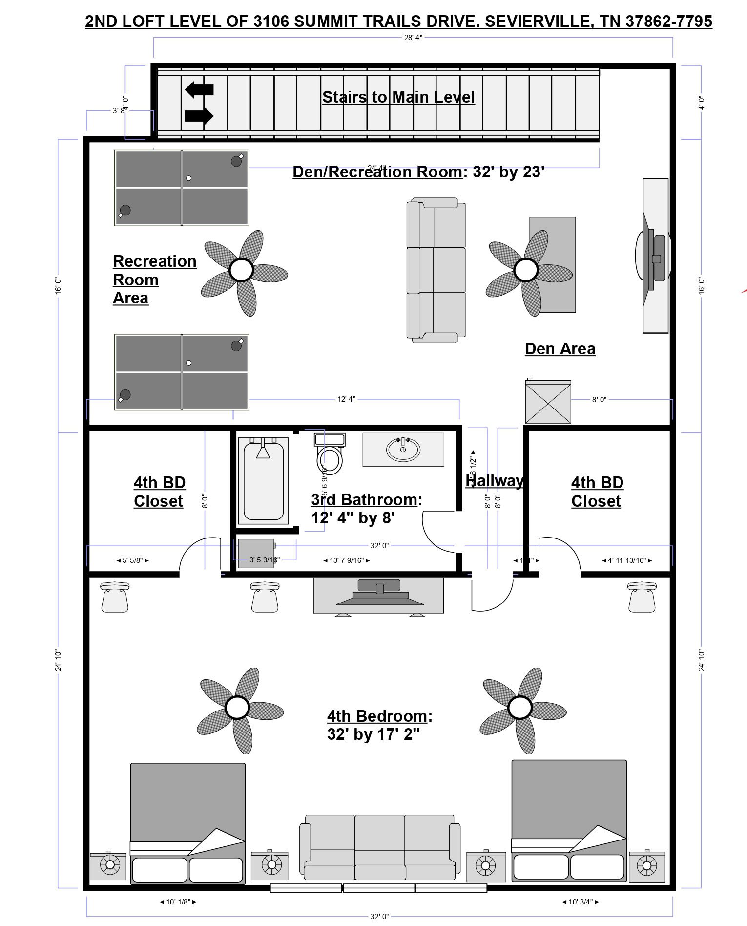 Loft level floor plan: a roomy recreation area, bedrooms and bath above it all, with space for kids and cousins to spread out.