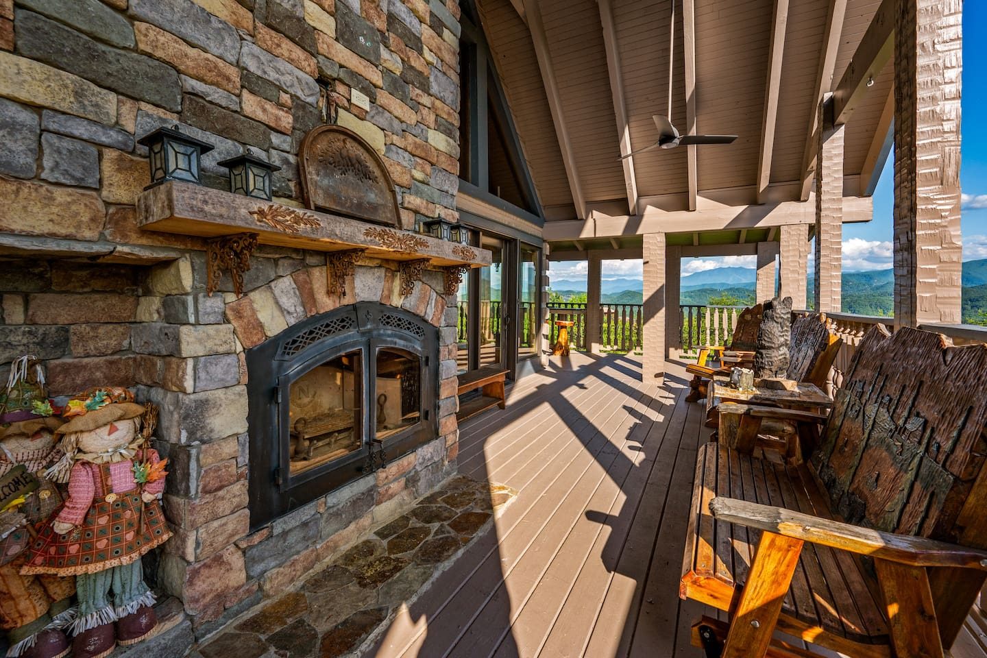 Wooden chairs, a stone fireplace and a long mountain view. An evening on this porch is a tradition you'll want to repeat.
